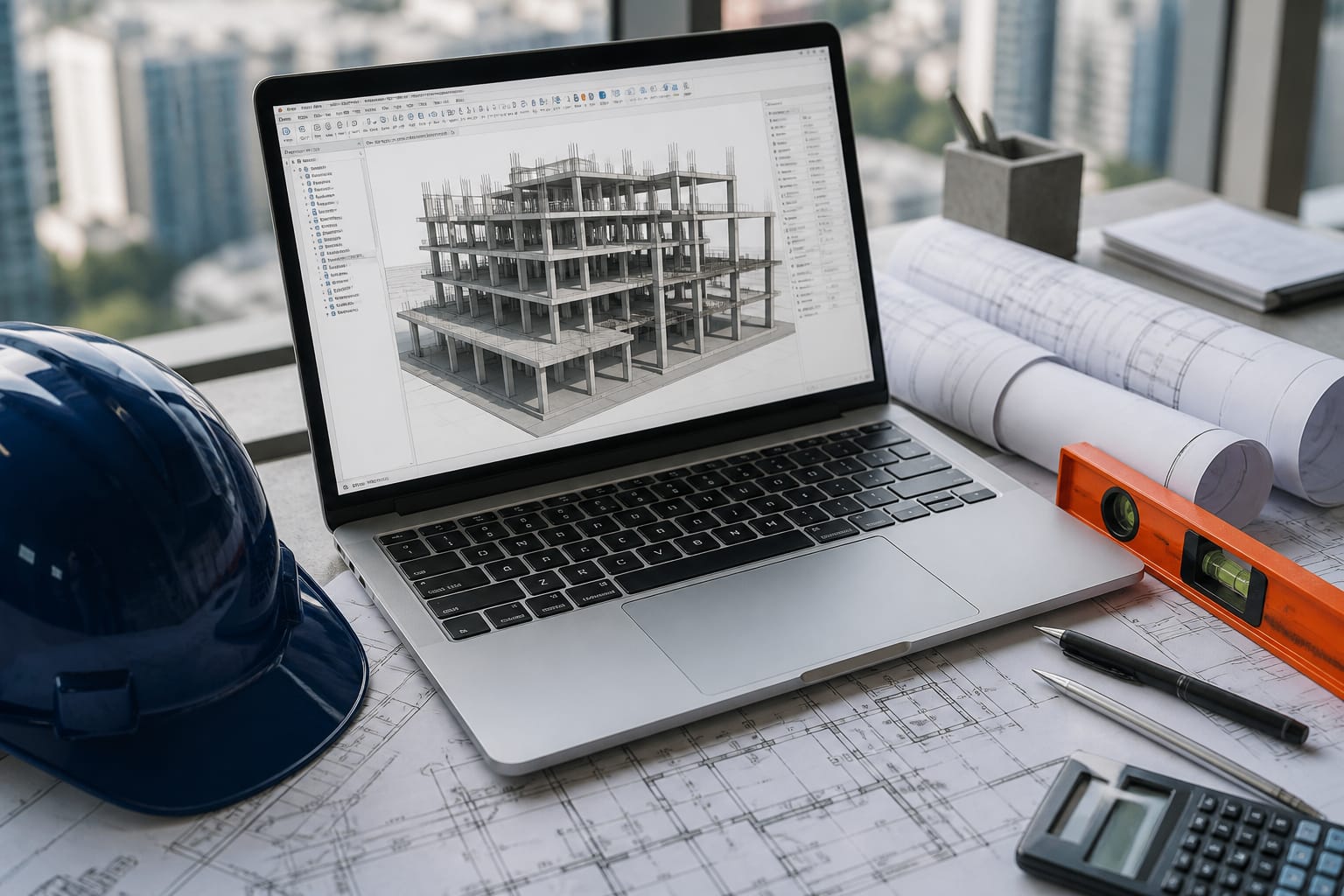 Architect workspace with structural 3D model, blueprints, and engineering tools