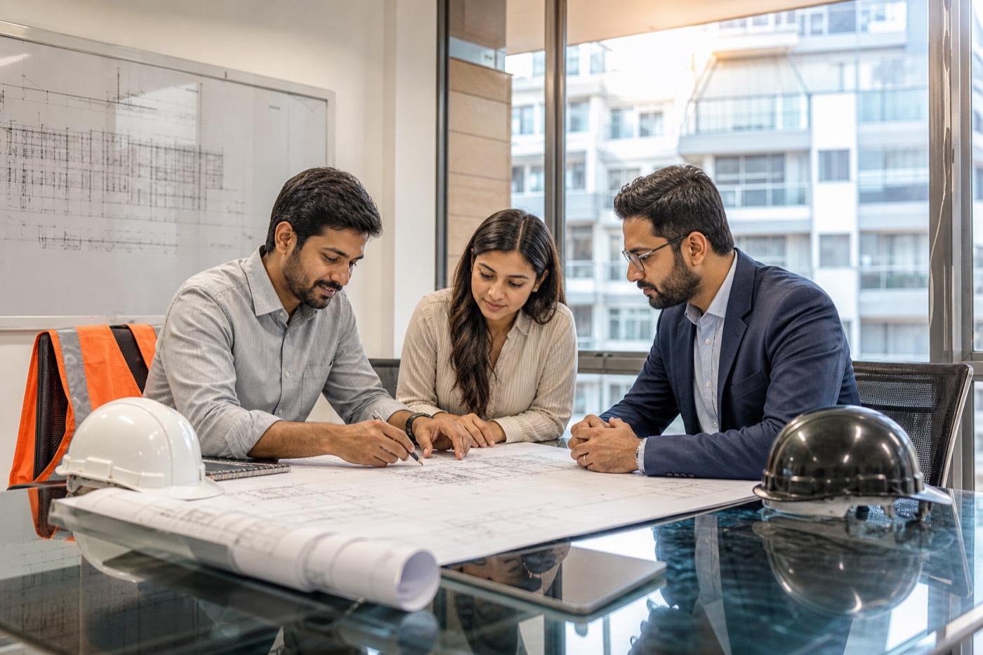 G.K.S Engineers team reviewing plans in the office